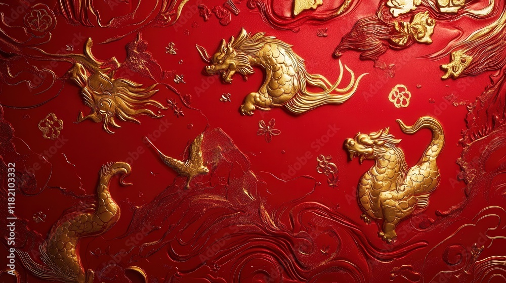 Chinese New Year 2025 red envelope featuring golden zodiac designs and auspicious symbols on a red background Chinese New Year 2025 red envelope featuring golden zodiac designs and auspicious symbols on a red background