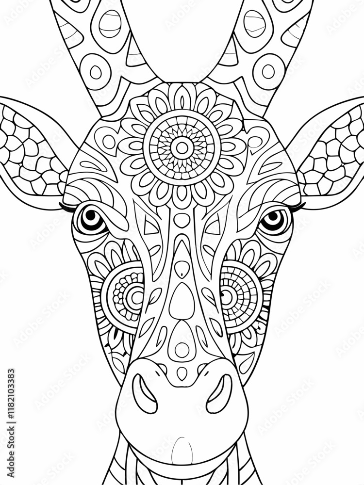 Naklejka premium Intricate Mandala Giraffe Head Coloring Page Adult Design Art