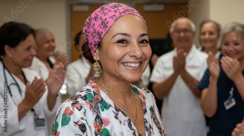 Jubilant cancer survivor rings a ceremonial bell, marking triumph and the end of a challenging journey with smiles and applause. photo