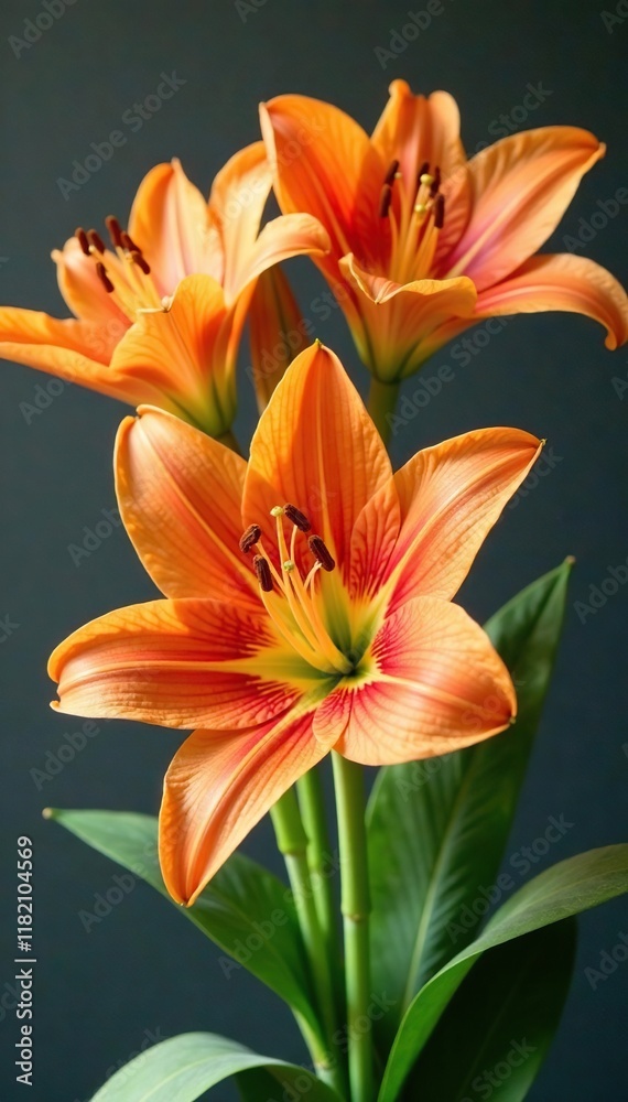 Fototapeta premium Large hippeastrum lily flowers in orange and cream colors, arrangement, orange, hippeastrum