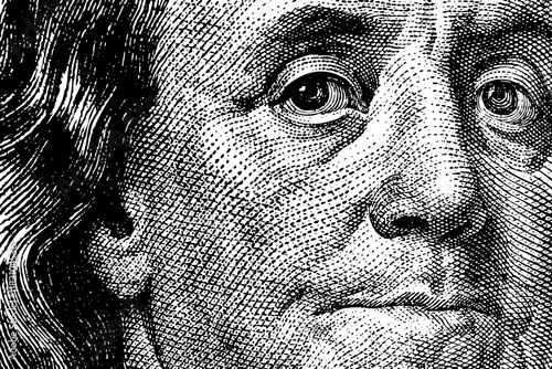 Ben Franklin looking at you from a one hundred dollar bill for Illustration 100 background.