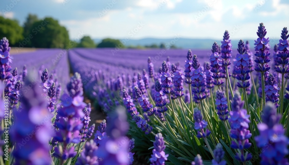 Obraz premium Lavender fields in full bloom with blue forget-me-nots scattered throughout, wildflowers, nature, blooms