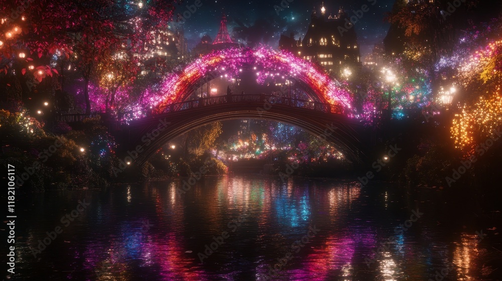 Fototapeta premium Illuminated Bridge Night Scene Magical Cityscape