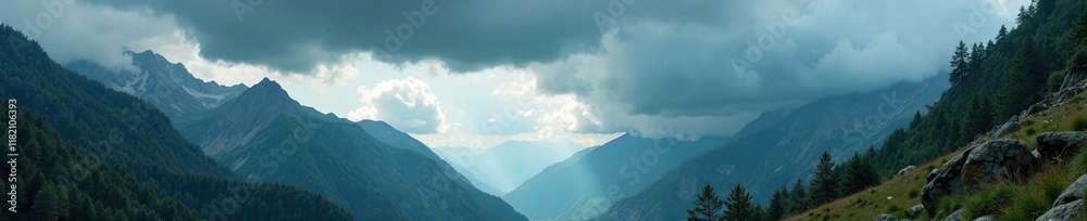 Low-hanging cloud formations with heavy rainfall in mountain valleys, mountains, rain, wet rocks
