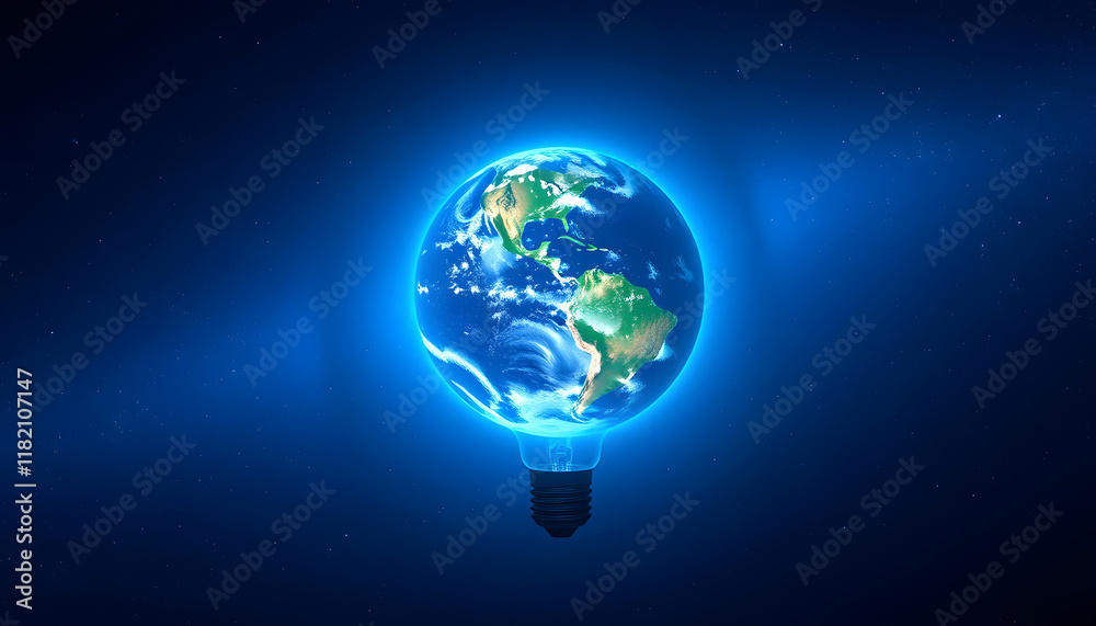 Earth hour background. Blue planet earth in space in a glowing light bulb. copy space, minimalism, with white tones Earth hour background. Blue planet earth in space in a glowing light bulb. copy space, minimalism, with white tones