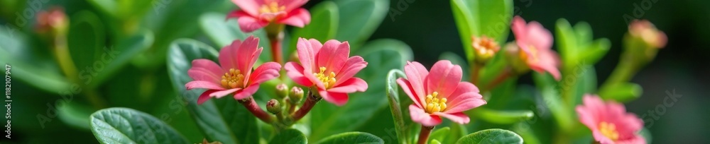 Delicate pink euphorbia milii blooms atop lush green foliage, flowering plant, arrangement, unique Delicate pink euphorbia milii blooms atop lush green foliage, flowering plant, arrangement, unique