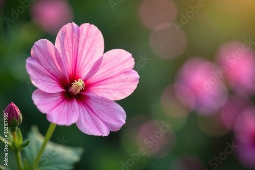 Delicate pink flower of mallow blooms in garden, bloom, nature, flowers