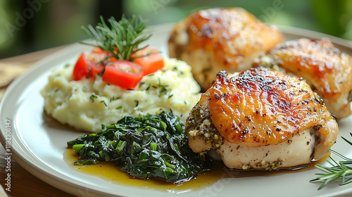 Herb crusted chicken served with cauliflower mash, sauteed greens, and cherry tomatoes creates delightful and healthy meal. Enjoy vibrant flavors and textures!