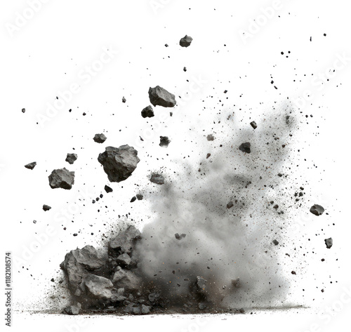 PNG Flying debris with dust rocks explosion scattered. photo