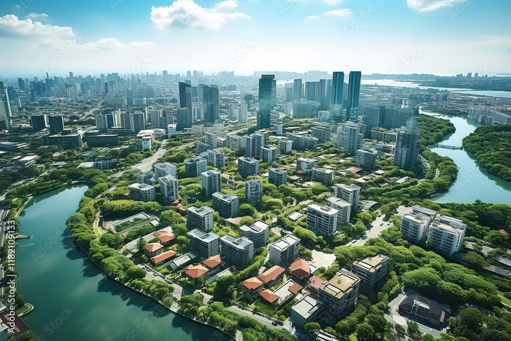 Obraz premium Aerial View of a Modern City with Greenery and River