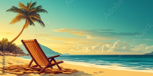A conceptual image of a beach chair and umbrella on a pile of coins, symbolizing retirement savings and a carefree lifestyle.