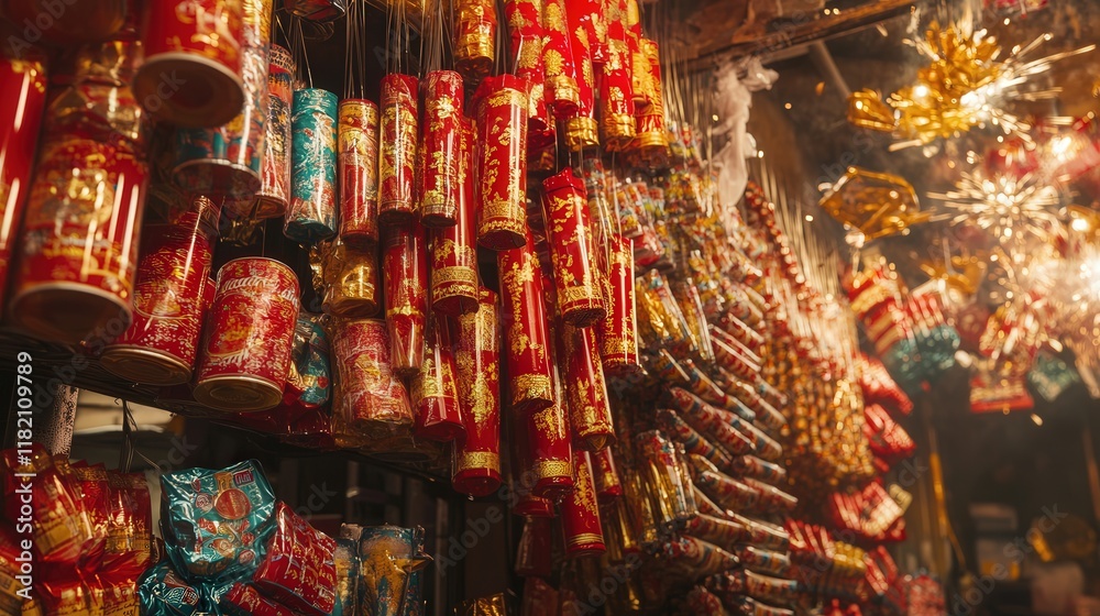 Naklejka premium firecrackers hanging in a market, their bold red packaging and golden accents inviting good fortune for Chinese New Year