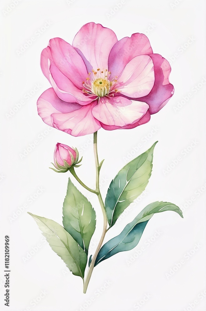 Delicate Pink Wild Rose With Bud Against White Background Delicate Pink Wild Rose With Bud Against White Background