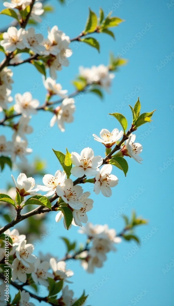 Fototapeta premium Delicate white blooms nestled in the branches of a lush tree against a clear blue sky, tranquility, serene