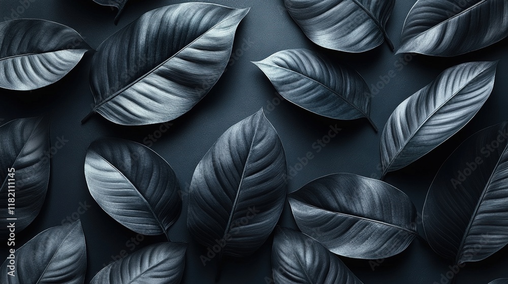 Obraz premium A collection of dark, textured leaves arranged artistically on a surface.