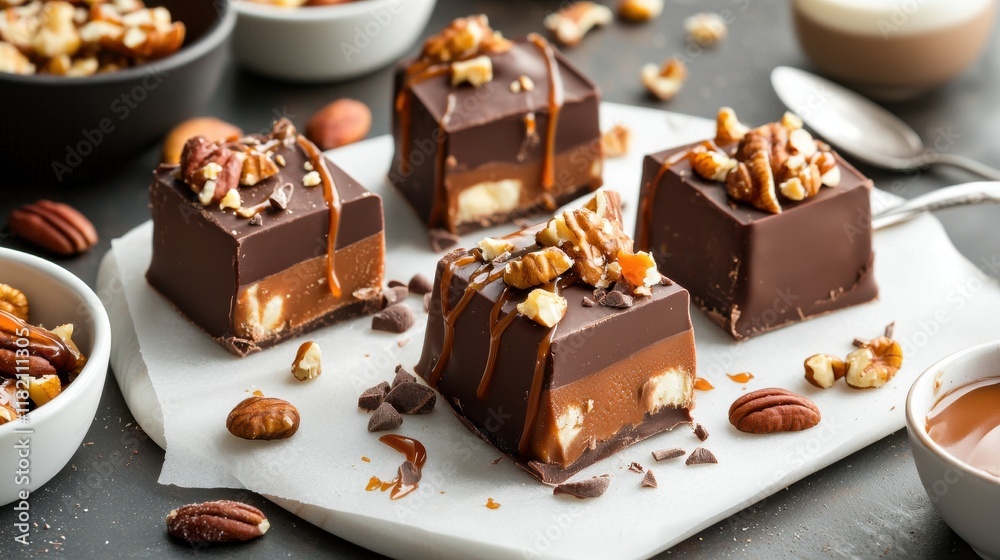 Close-Up View of Smooth Milk Chocolate Bars Topped with Nuts and Caramel on a Stylish Serving Board Close-Up View of Smooth Milk Chocolate Bars Topped with Nuts and Caramel on a Stylish Serving Board