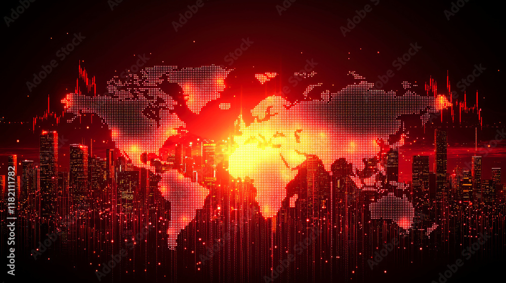 Fototapeta premium Global Network: Futuristic Cityscape and World Map. Digital Connections, Innovation, and Technology