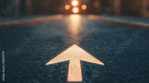 A Captivating Illustration of a Roadmap Featuring a Large Arrow Guiding the Way Forward on a Misty Night Road with Blurry Lights in the Background