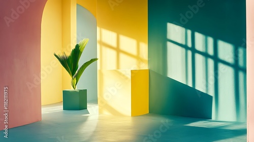 Colorful Room Interior with Plant and Light Shadows
