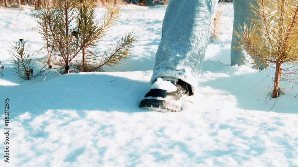 Women's feet walking on white snow on a sunny winter day. Walking in the snow. Winter.