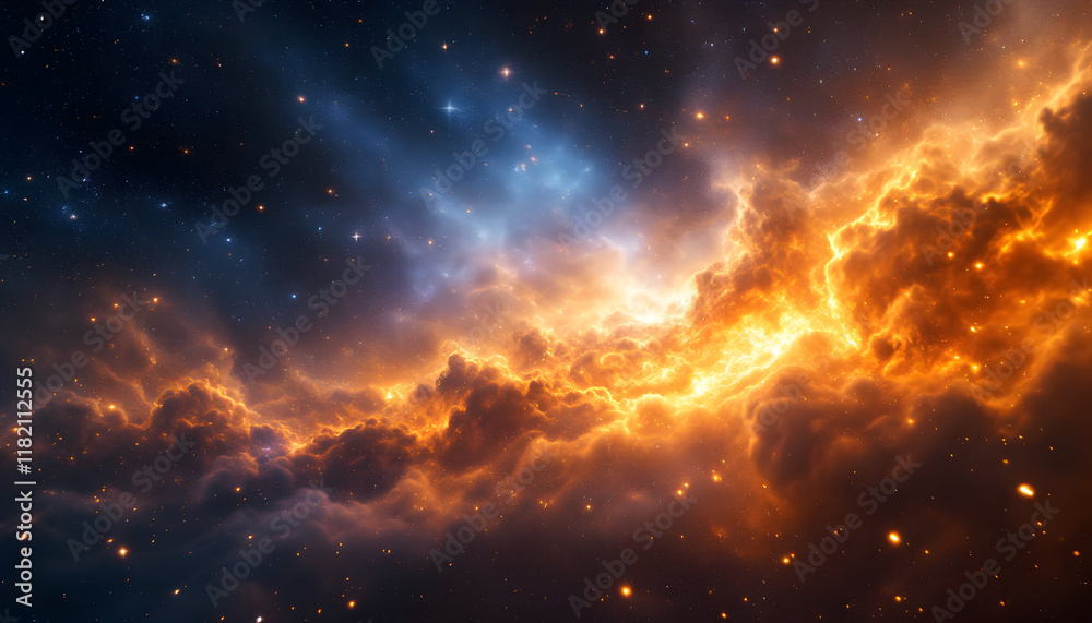 Cosmic Nebula: Fiery Clouds and Stellar Dust in a Dramatic Space Scene Cosmic Nebula: Fiery Clouds and Stellar Dust in a Dramatic Space Scene