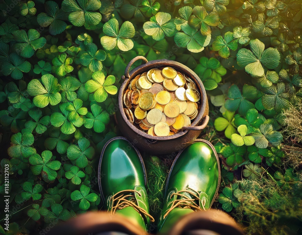 Φωτογραφία A festive display of a pot overflowing with gold coins located in a lush patch of shamrocks