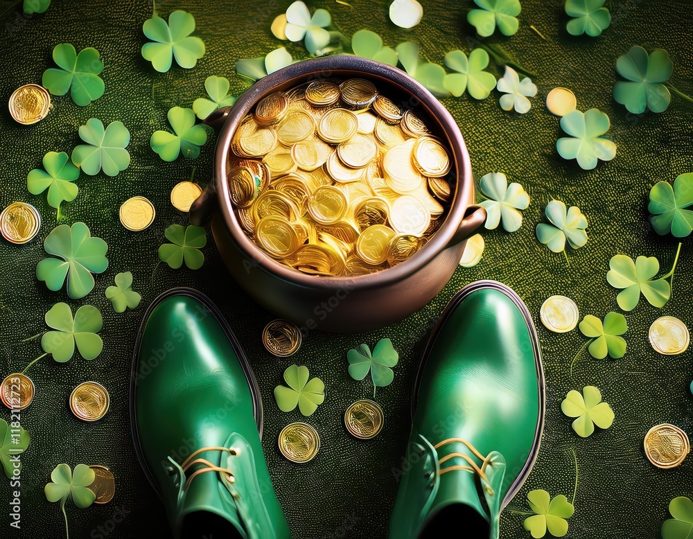 Φωτογραφία Lucky themes flourish as green shoes stand beside a pot overflowing with golden coins and shamrocks