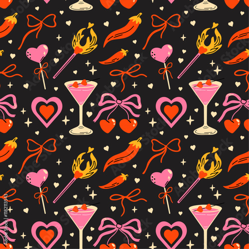 Saint Valentine's Day seamless vector pattern with cute groovy funky cartoon illustration of different romantic objects, coquette bow, cherry, cocktail, heart, 14 February design concept