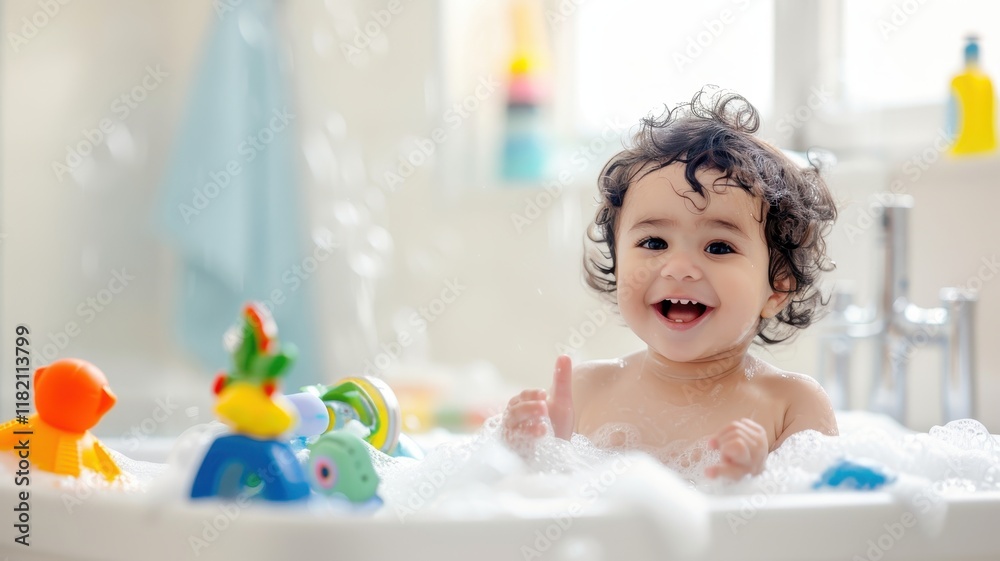 A joyful toddler with curly hair enjoys a bubbly bath surrounded by colorful rubber toys. A joyful toddler with curly hair enjoys a bubbly bath surrounded by colorful rubber toys.