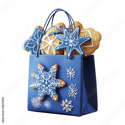 A Festive Gift of Blue-Iced Snowflake Cookies in a Blue Gift Bag for Christmas or Winter Holidays photo