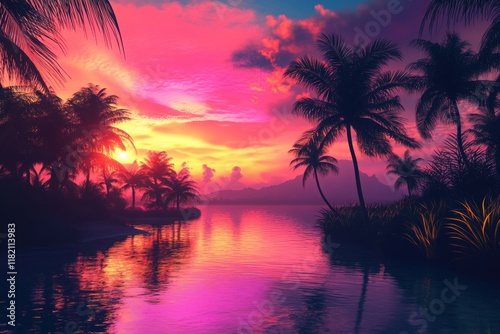Fototapeta Naklejka Na Ścianę i Meble -  A dreamy sunset over a tropical island with neon accents blending pink, orange, and purple. Palm trees and water reflect the glowing hues, creating a surreal neon aesthetic.