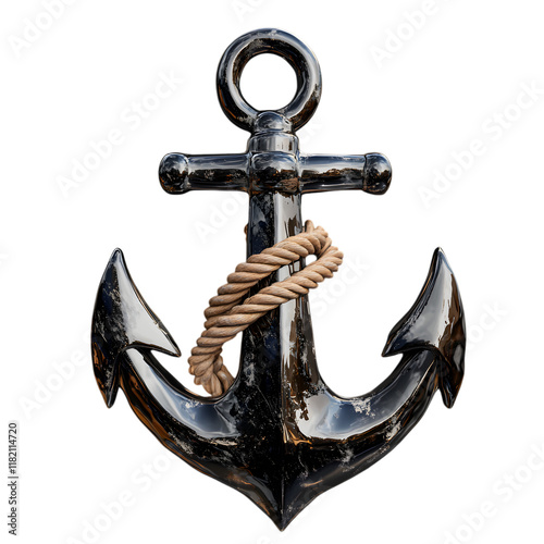 A polished metal anchor with a coiled rope, isolated on transparent background photo