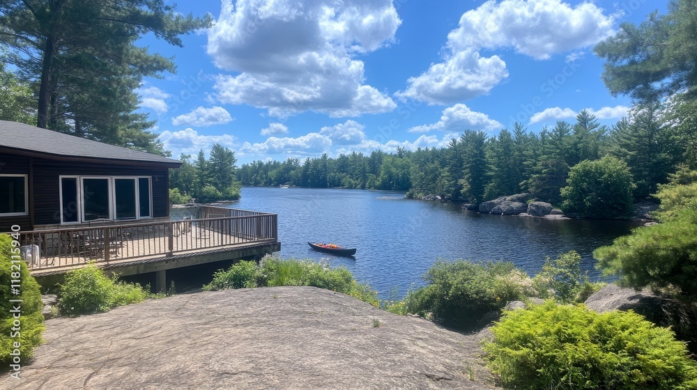 Fototapeta premium Lakeside Cabin with Canoeing View Peaceful Summer Retreat