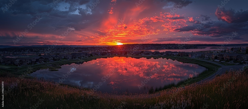 Vibrant sunset reflected in calm lake water, overlooking suburban houses.