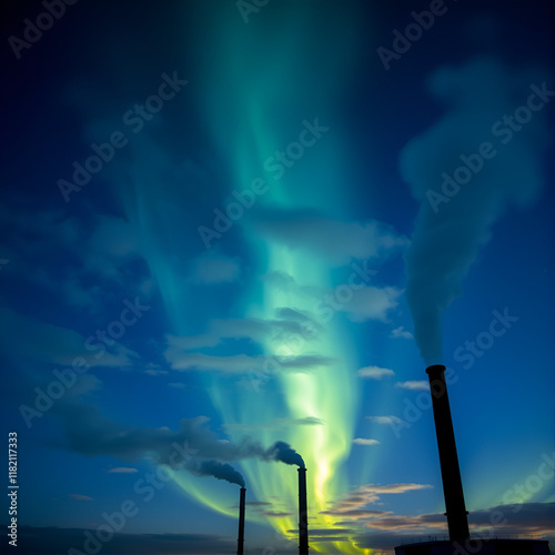 Atmospheric phenomenon glowing of noctilucent silvery clouds in the night shining sky. Silhouettes of thermal station smoke tubes against a background of beautiful luminous clouds. photo