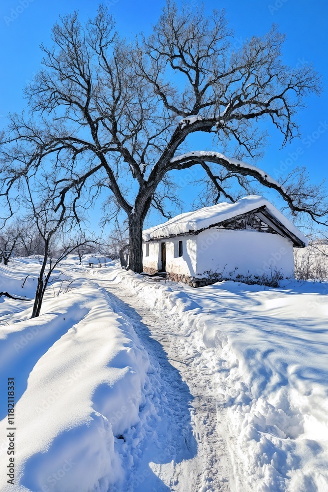 Naklejka premium Minimalist White House with Freshly Cleared Snowy Path