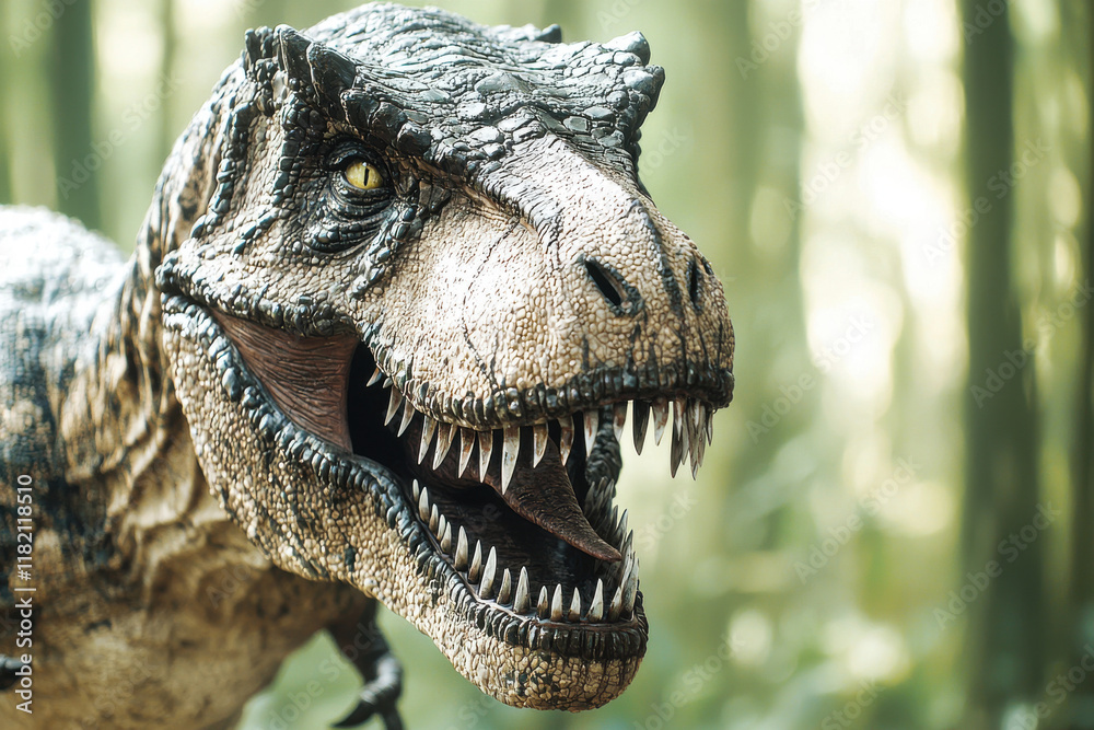 Obraz premium Roaring Tyrannosaurus Rex in prehistoric jungle