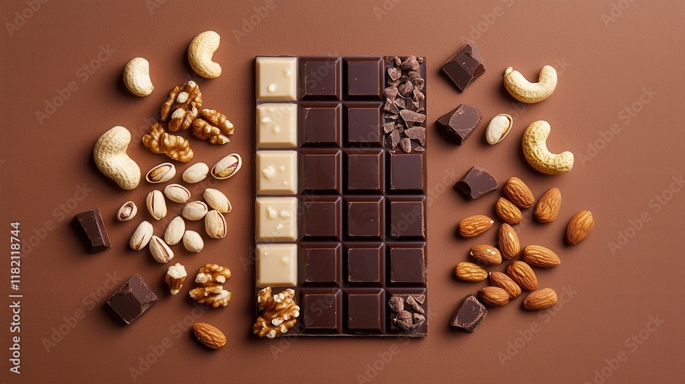 Crunchy and Nutty Chocolate Bar Surrounded by Assorted Nuts on Warm Brown Background Crunchy and Nutty Chocolate Bar Surrounded by Assorted Nuts on Warm Brown Background