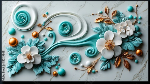 Ornate marble artwork featuring delicate swirling designs luminous turquoise highlights and glowing gold detailing in a classical European style evoking the grand foyer of a palace
