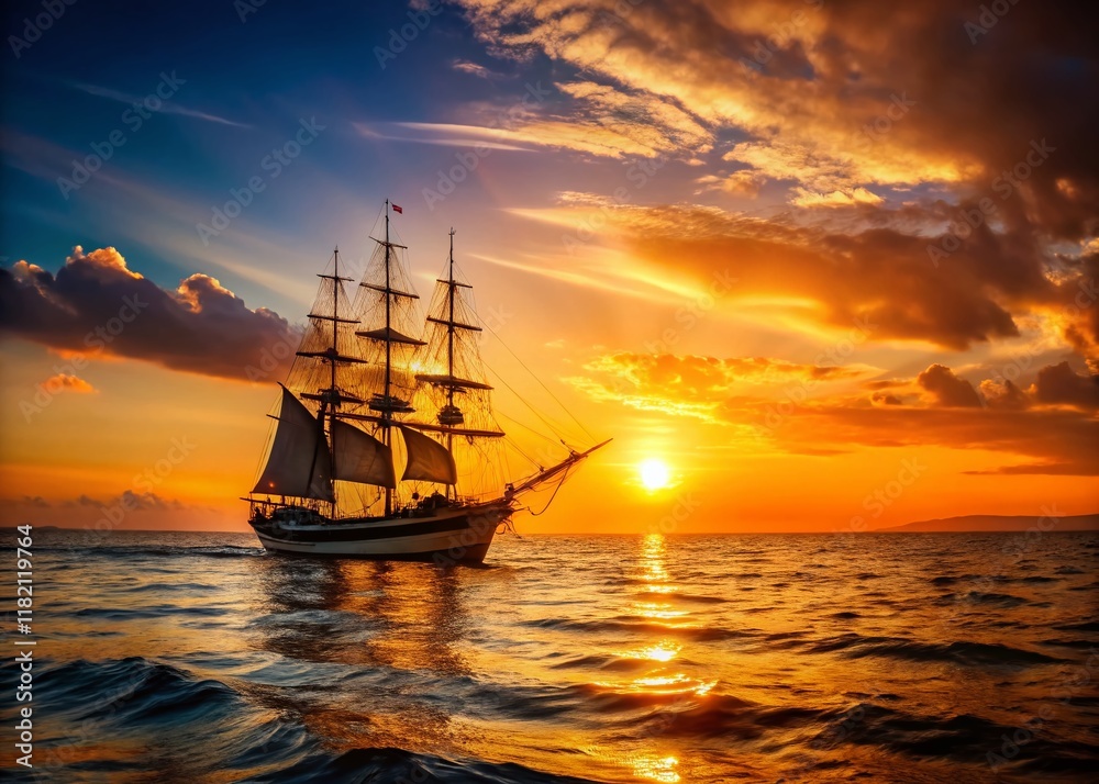 Fototapeta premium Silhouette of Ship Sailing at Sunset, Calm Ocean Waves, Dramatic Seascape