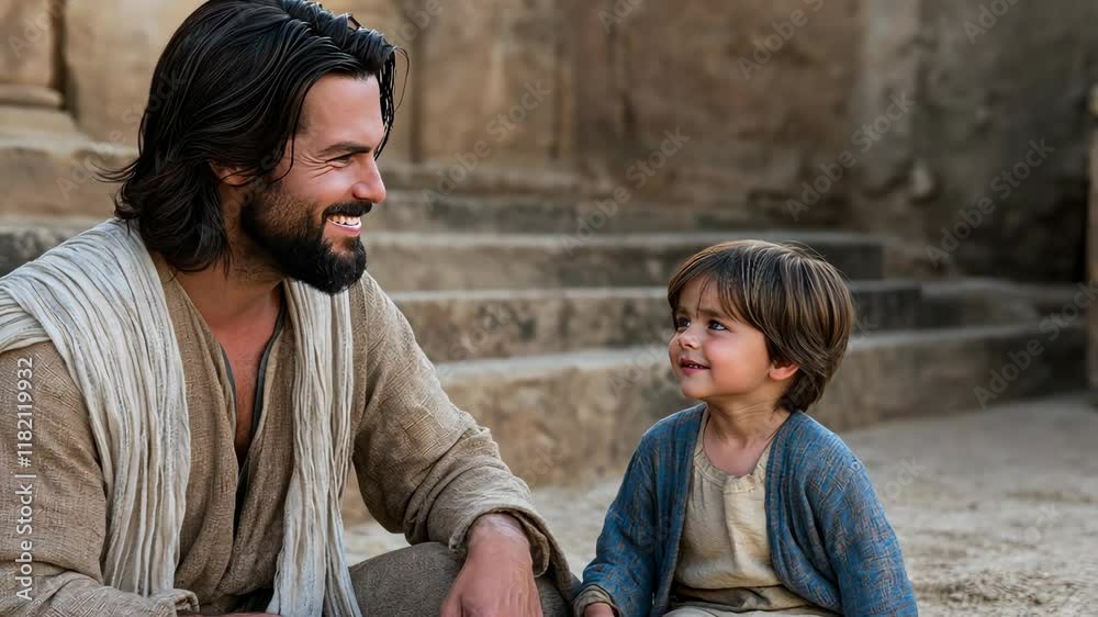 A father and child are experiencing a joyful moment together in a picturesque ancient setting on a warm, sunny afternoon A father and child are experiencing a joyful moment together in a picturesque ancient setting on a warm, sunny afternoon
