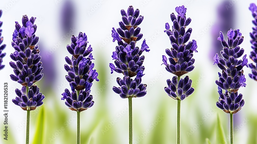 Obraz premium Lavender Field Closeup Five Purple Flower Spikes