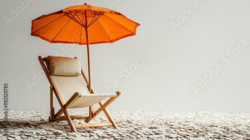 A conceptual image of a beach chair and umbrella on a pile of coins, symbolizing retirement savings and a carefree lifestyle.