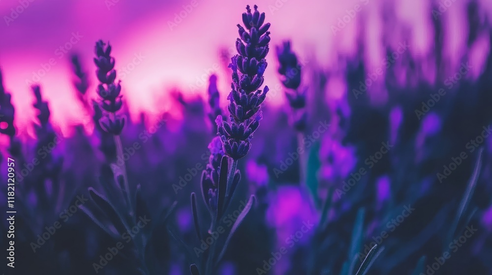 Obraz premium Lavender Field Sunset Purple Hues and Tranquil Beauty