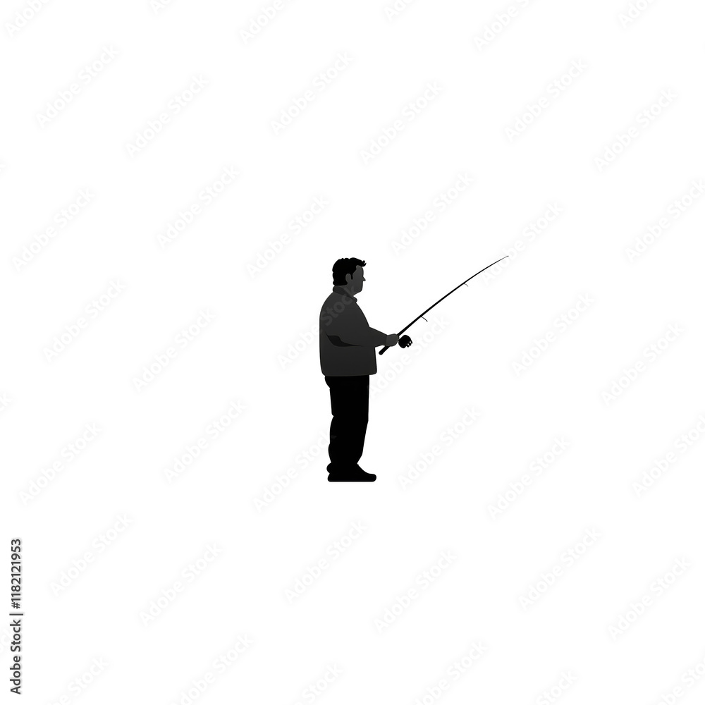 PNG cut out isolated background. A simple black silhouette icon of a fisherman holding a fishing rod. PNG cut out isolated background. A simple black silhouette icon of a fisherman holding a fishing rod.