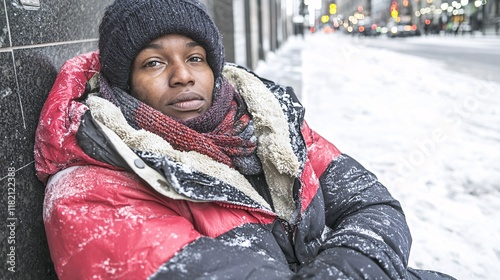 homeless individual of color sitting on a city sidewalk, highlighting the struggles of marginalized communities in accessing affordable housing and resources. [Racial and Class Discrimination]:[Social photo