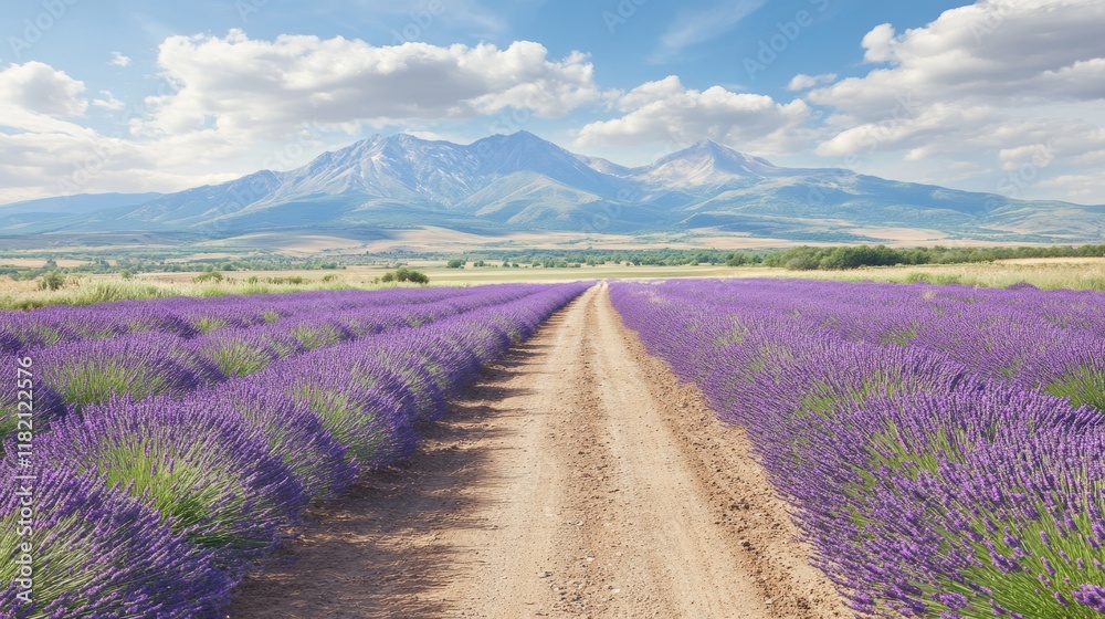 Lavender Fields Path Towards Majestic Mountainscape Lavender Fields Path Towards Majestic Mountainscape