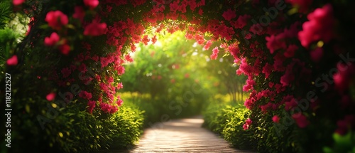 Vibrant floral archway in a lush garden pathway.