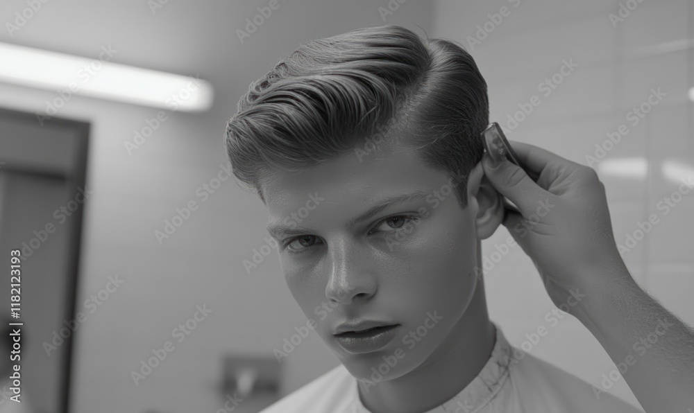 Fototapeta premium Man's Haircut, Barber Shop, Styling, Monochrome, Close-up, Modern, Hair, Salon