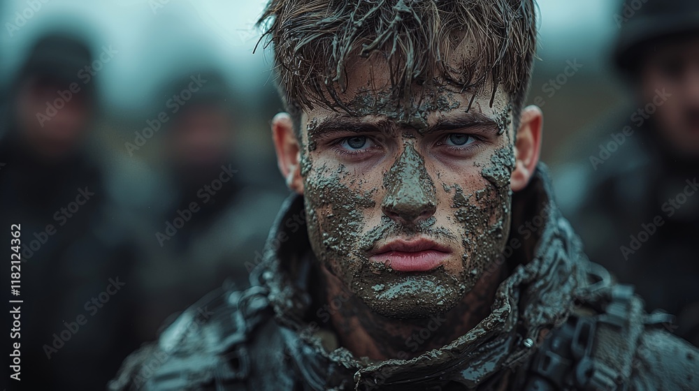 The image showcases a soldier's face covered in mud, embodying determination and endurance as they engage with challenging terrain during military exercises The image showcases a soldier's face covered in mud, embodying determination and endurance as they engage with challenging terrain during military exercises